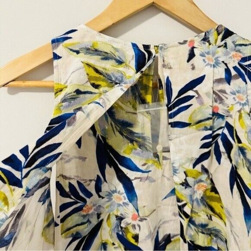 Lush Tropical Print CREAM/ROYAL Cold Shoulders Ruffled Size Medium - Picture 6 of 9